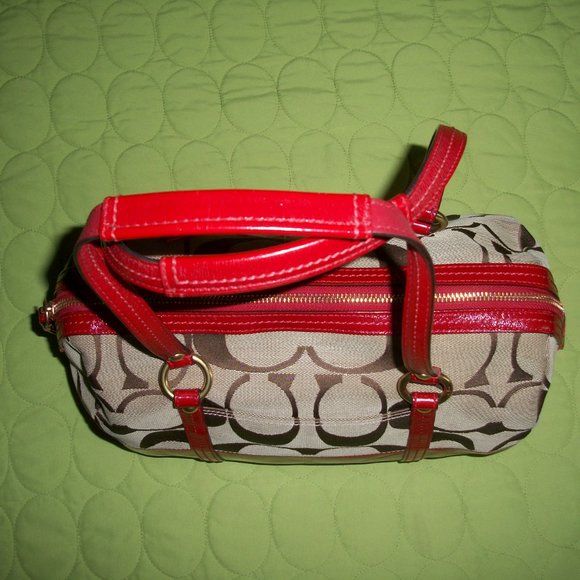 Coach Brown Signature Canvas with Red Patent Leather Bag with Wristlet/Wallet - Picture 7 of 16